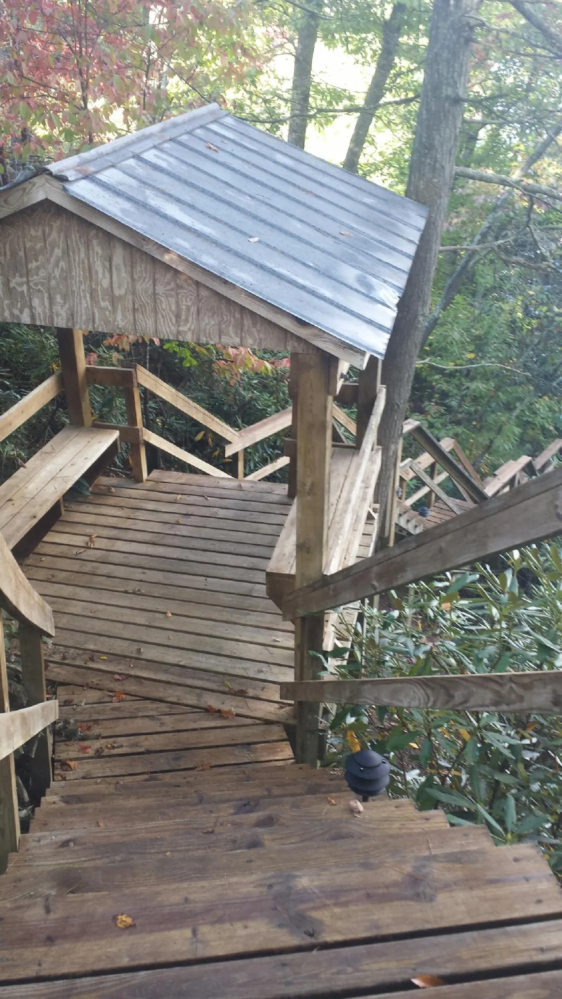 Metal roofed shelter over wooden steps on a wooded walkway — Skylight Repair & Installation work by our crew in Hurt